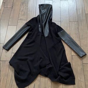 Blanknyc Faux Leather Hooded Trim Cardigan